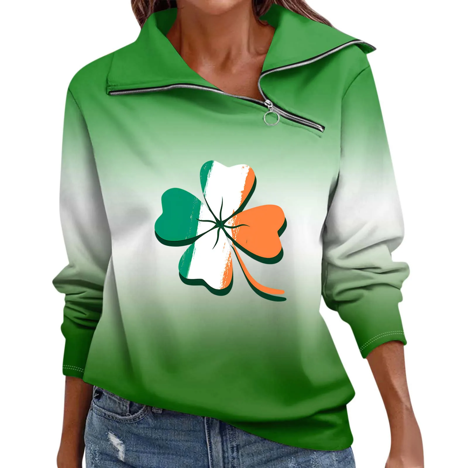

Fashion Loose For Women St. Patrick'S Day Print Pullover Sports Tops Quarter Zip Casual V Neck Long Sleeve Top Female Clothing