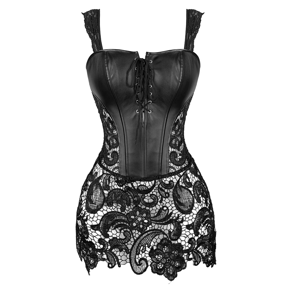 

Women Steampunk Corset Lady Faux Leather Lace Up Front Zipper Back Corset Gothic Bustier Fancy Dress