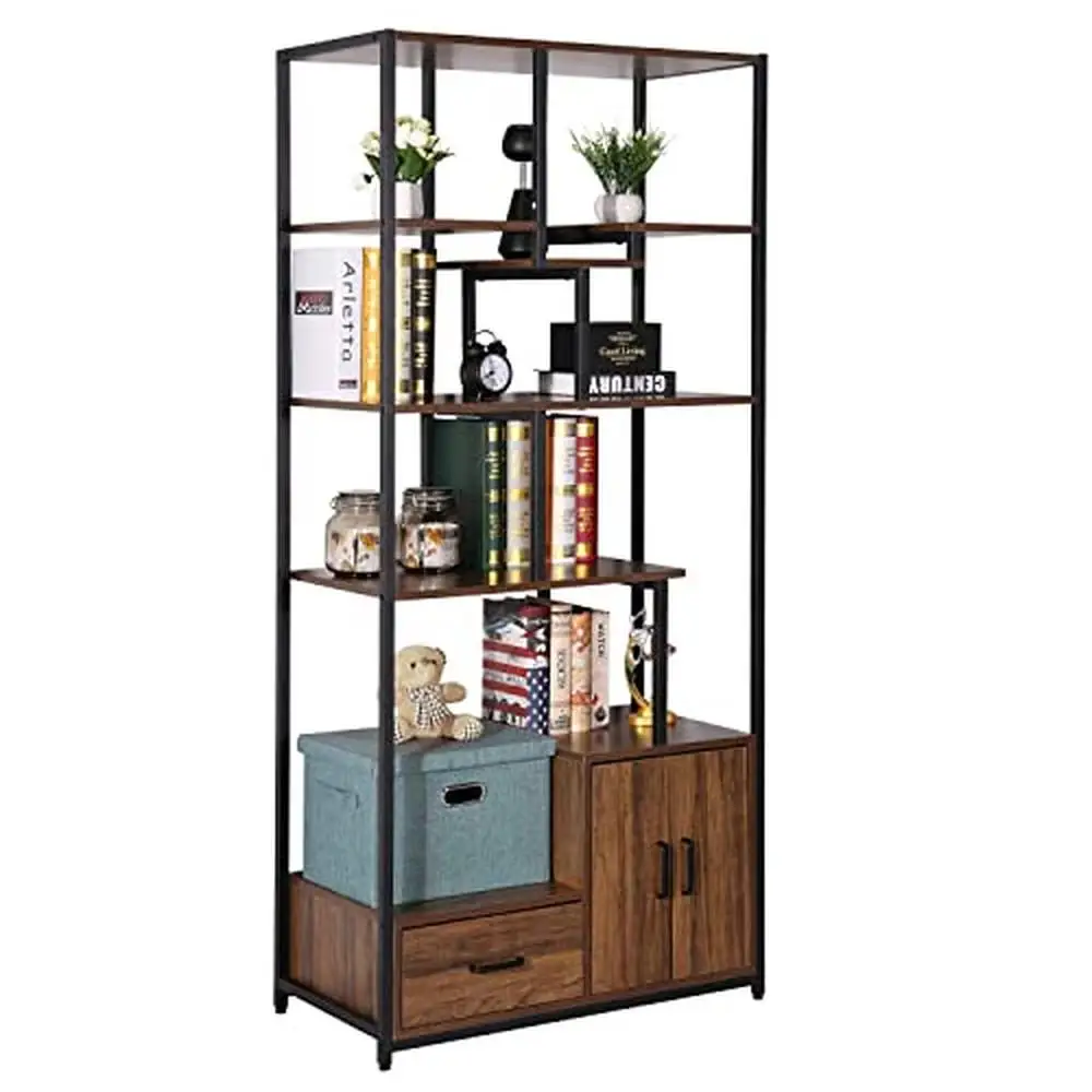 

Geometric 4-Tier Book Shelf with Drawer & Cabinet Storage Durable Rustic Bookcase Home Office Living Room Vintage Style Wood &
