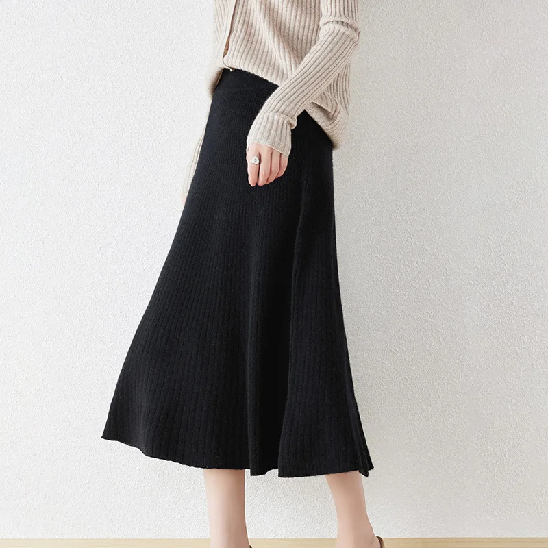 Autumn New 100% Pure Wool Skirt Female Solid Color Loose Joker A-Line Skirt Knitted Cashmere Bag Hip Skirt Female