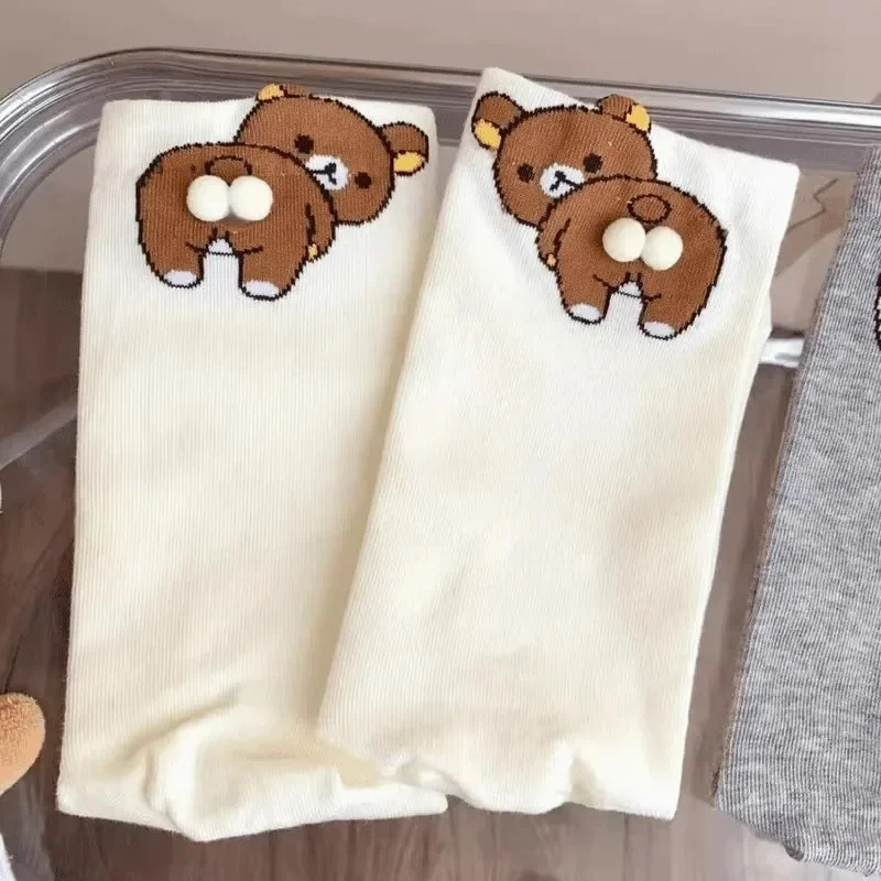 Creative Funny Cartoon Bear Butt Egg Socks Women Cotton Blend Mid Tube Socks Cute Animal Print Novelty Crew Stockings Socks