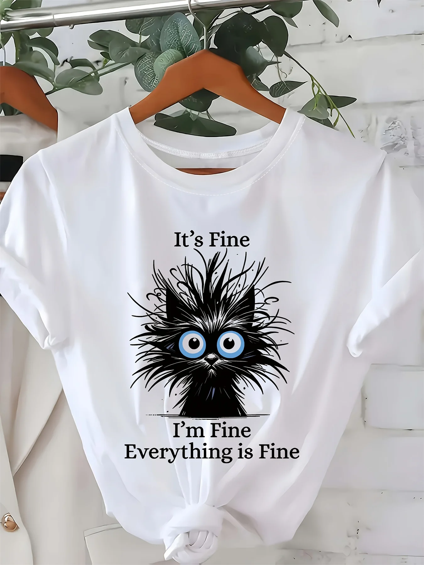 Summer women's 100% pure cotton satirical cat pattern printed casual and comfortable loose round neck short sleeved T-shirt top 5