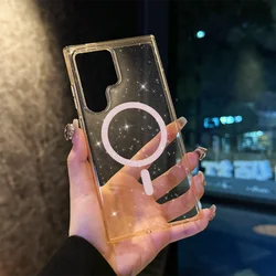 Magnetic Glitter Sparkle Transparent Phone Case - Black - Galaxy S23+ (Pink)