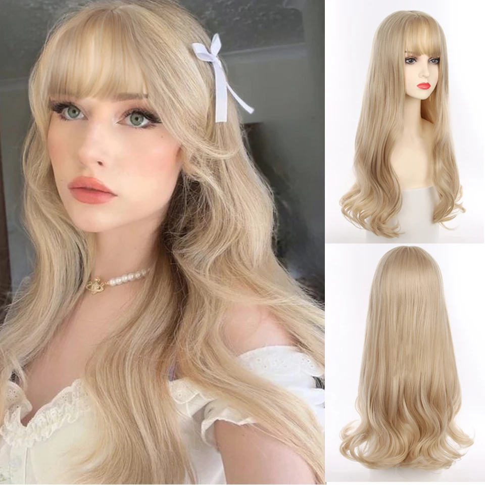 Perruque Longue Femme Rose Clair - Cheveux Synthétiques Bouclés Avec Frange - Bonnet Moyen +4