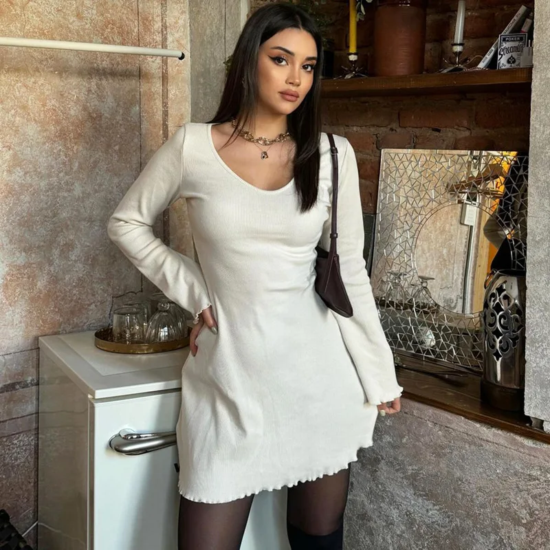 Minivestidos lisos de canalé con cuello redondo y manga larga, ropa de calle Y2K, venta al por mayor, elegante atuendo informal de verano para mujer