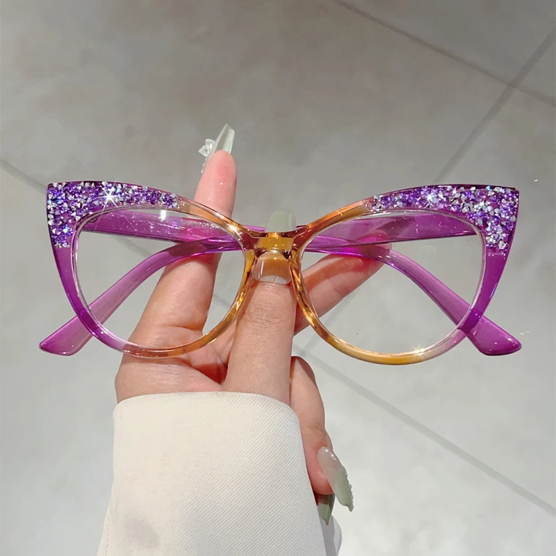 Women Fashion Eyeglasses Cat Eye Multi Color Frame Crystal Shiny Non-prescription