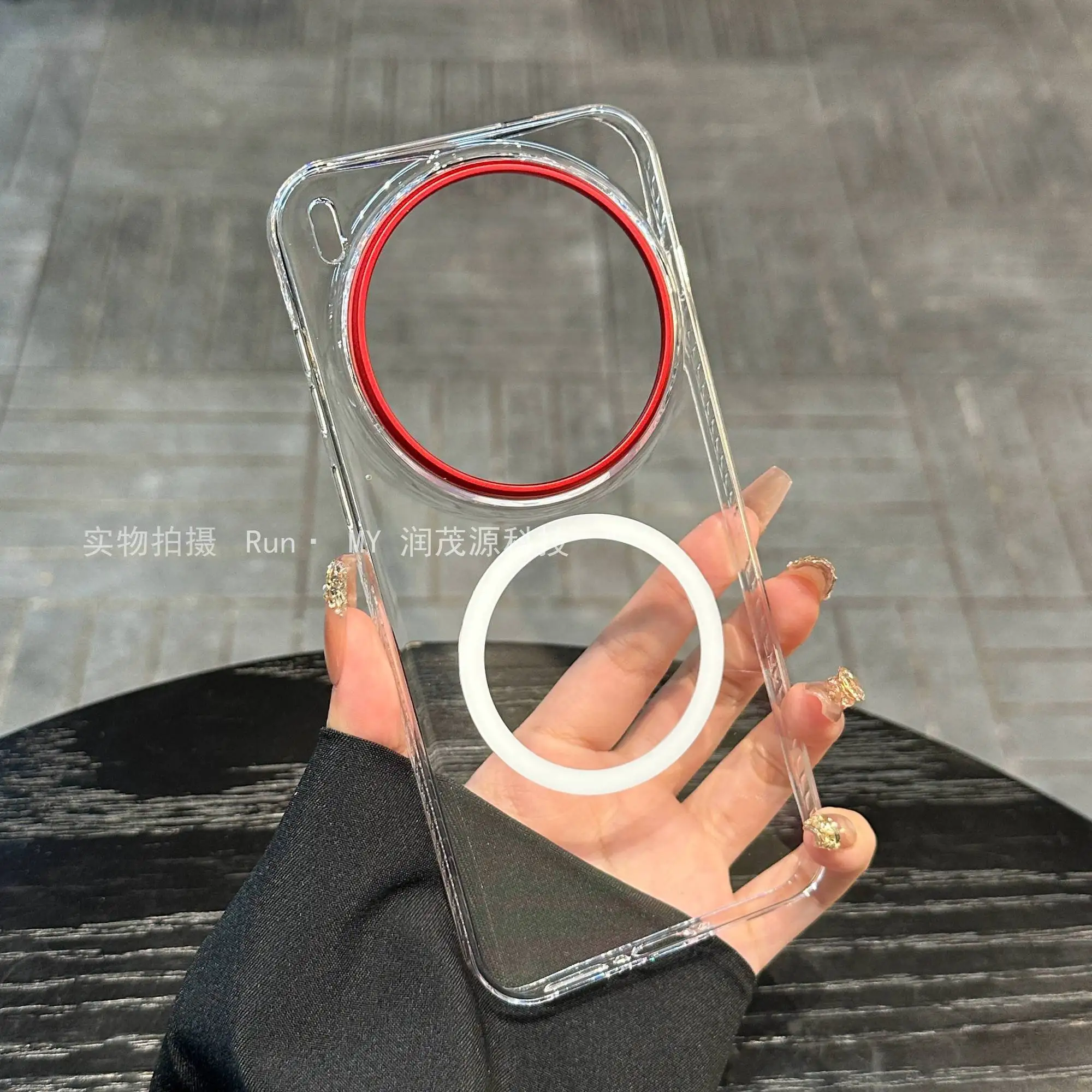 Enhanced Red Lens Ring Shockproof Acrylic Phone Case with Magnetic Anti-Slip Textured Sides