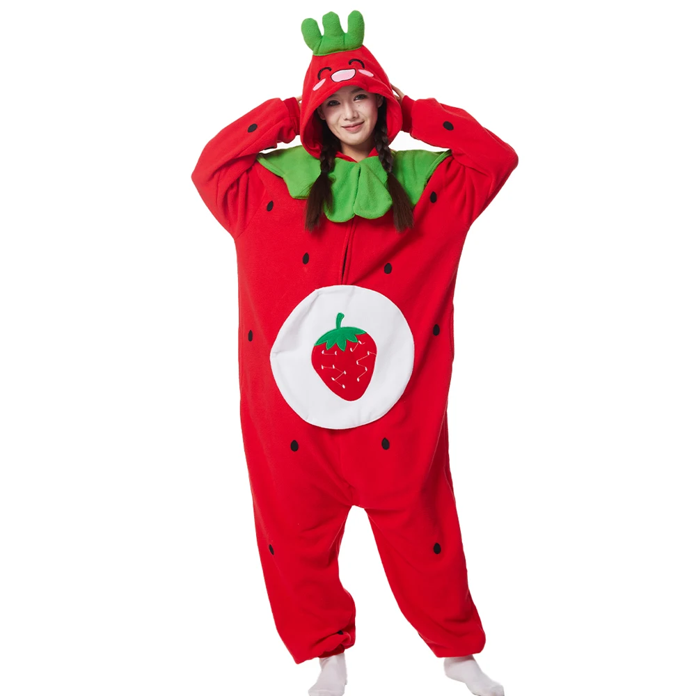 Kigurumi Onesie Strawberry Pajamas For Adult Women Men Cute Animal Fruit Pyjamas Homewear Halloween Cosplay Party Costume