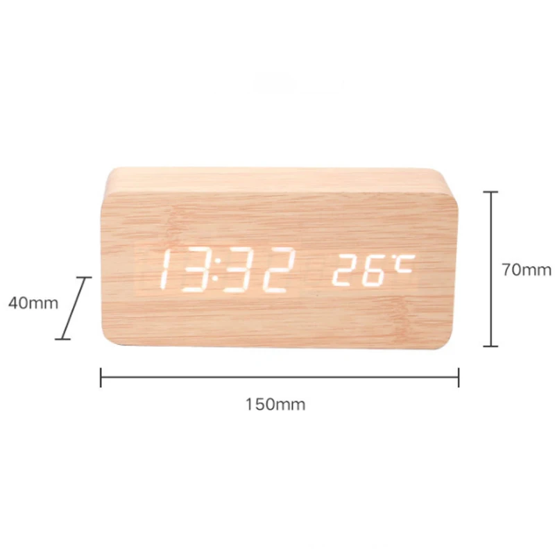 LED Student Alarm Clock Simple Wooden Clock Temperature Display Sound Control Desktop Home Decorative