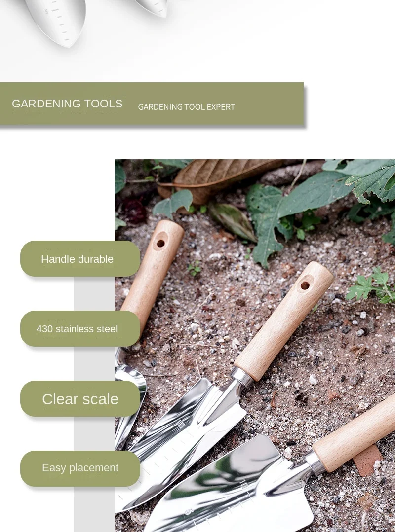 Description Picture 3 of item5 Piece Garden Shovel Rake Spade Set Wooden Handle for Flowers Potted Outdoor Planting Household Plant Garden Tool