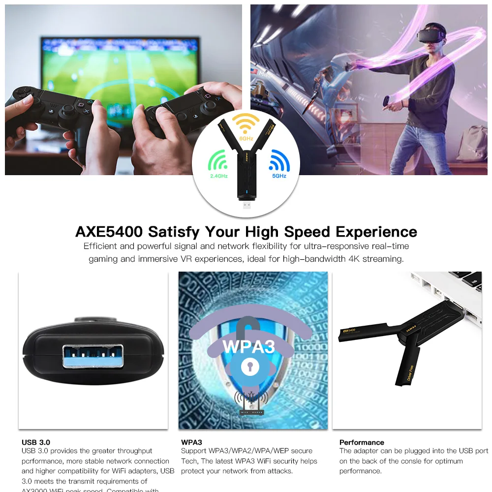 5400Mbps 와이파이 6E USB 와이파이 동글, USB 3.0 와이파이 어댑터, 2.4G, 5G, 6GHz 고속 네트워크 카드 안테나 MU-MIMO 플러그 앤 플레이, Win 10/11