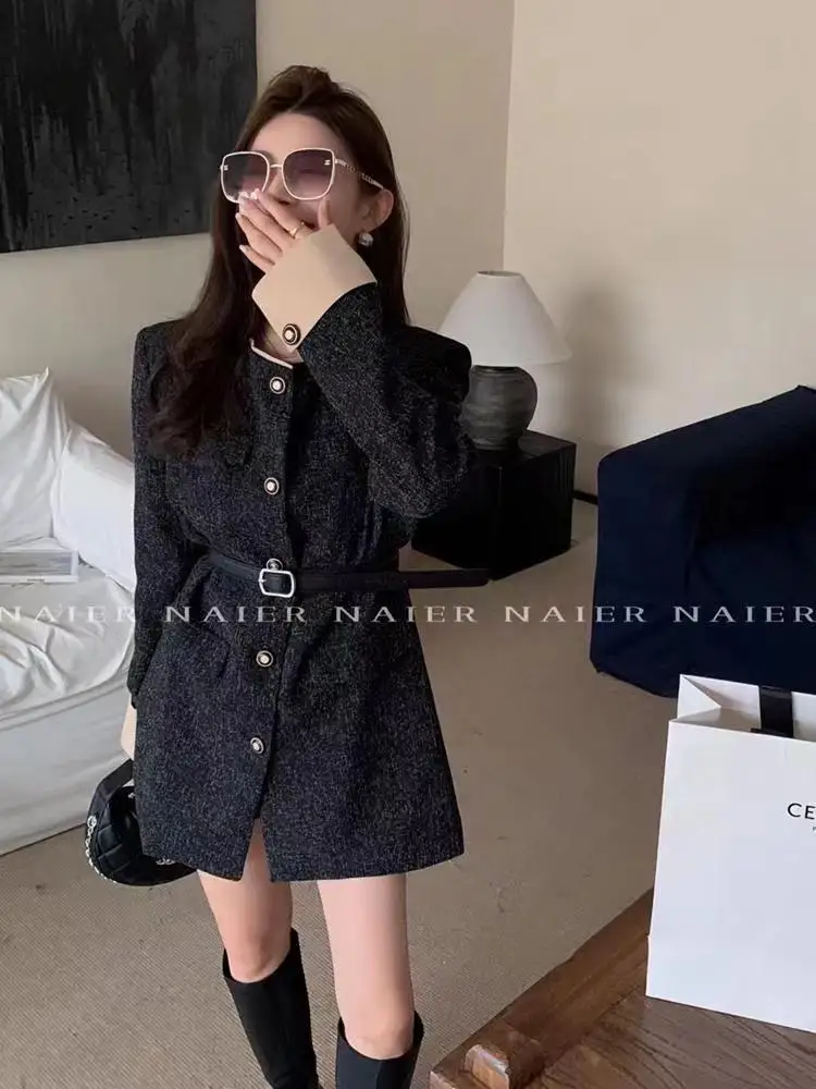 Minivestidos de otoño e invierno para mujer con cinturón, cuello vuelto, patchwork, cuello redondo, estilo blazer coreano, vestidos casuales