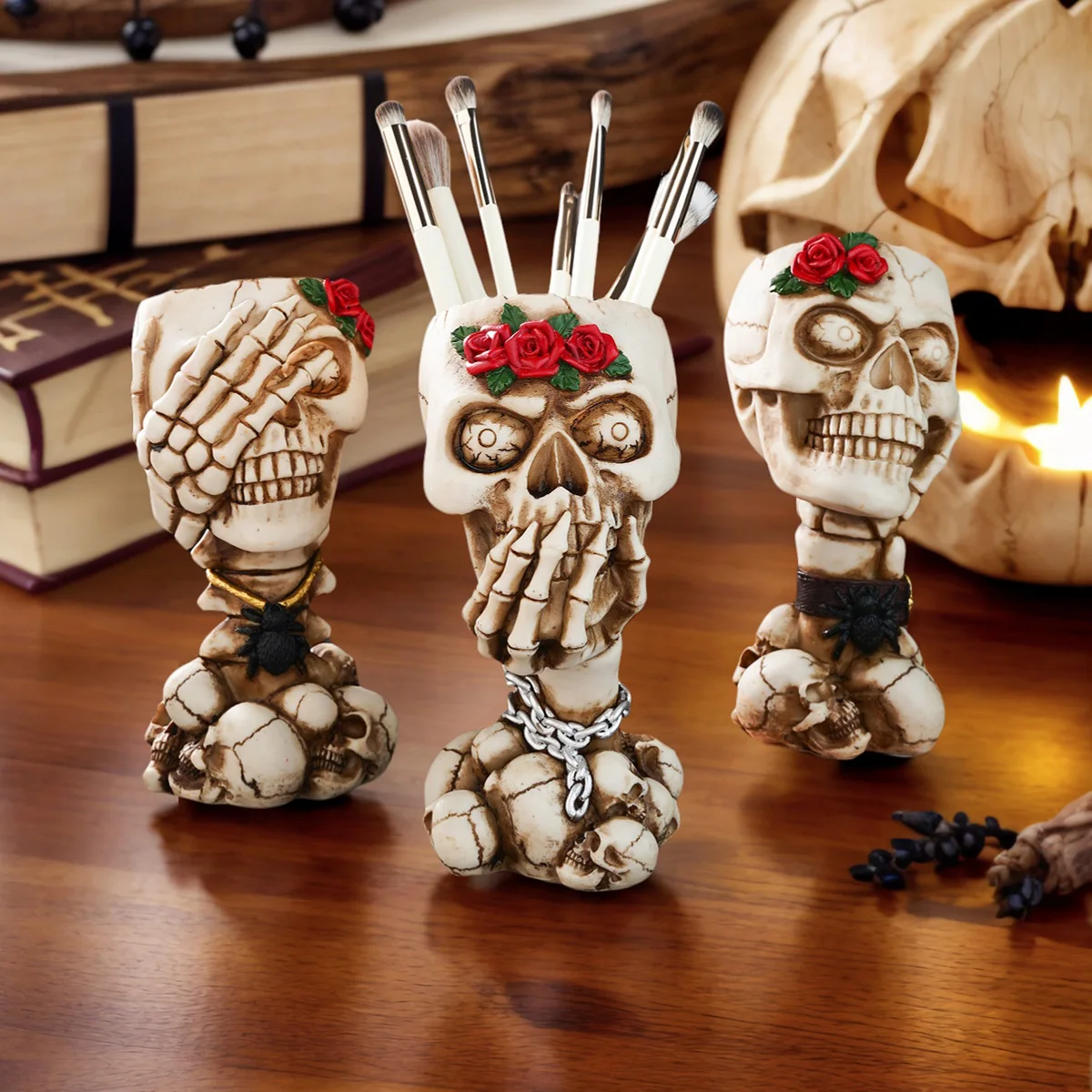 1PC,Halloween Decor resin material, vintage and retro style. Don't listen, don't look, not mention the skull storage pen holder