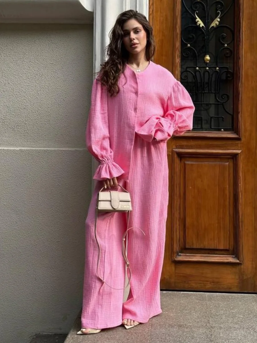 Bornladies Women's New 2025 Autumn Cotton Lantern Sleeve Long Sleeve Set Loose Cardigan Wide Leg Pants 2-Piece Set