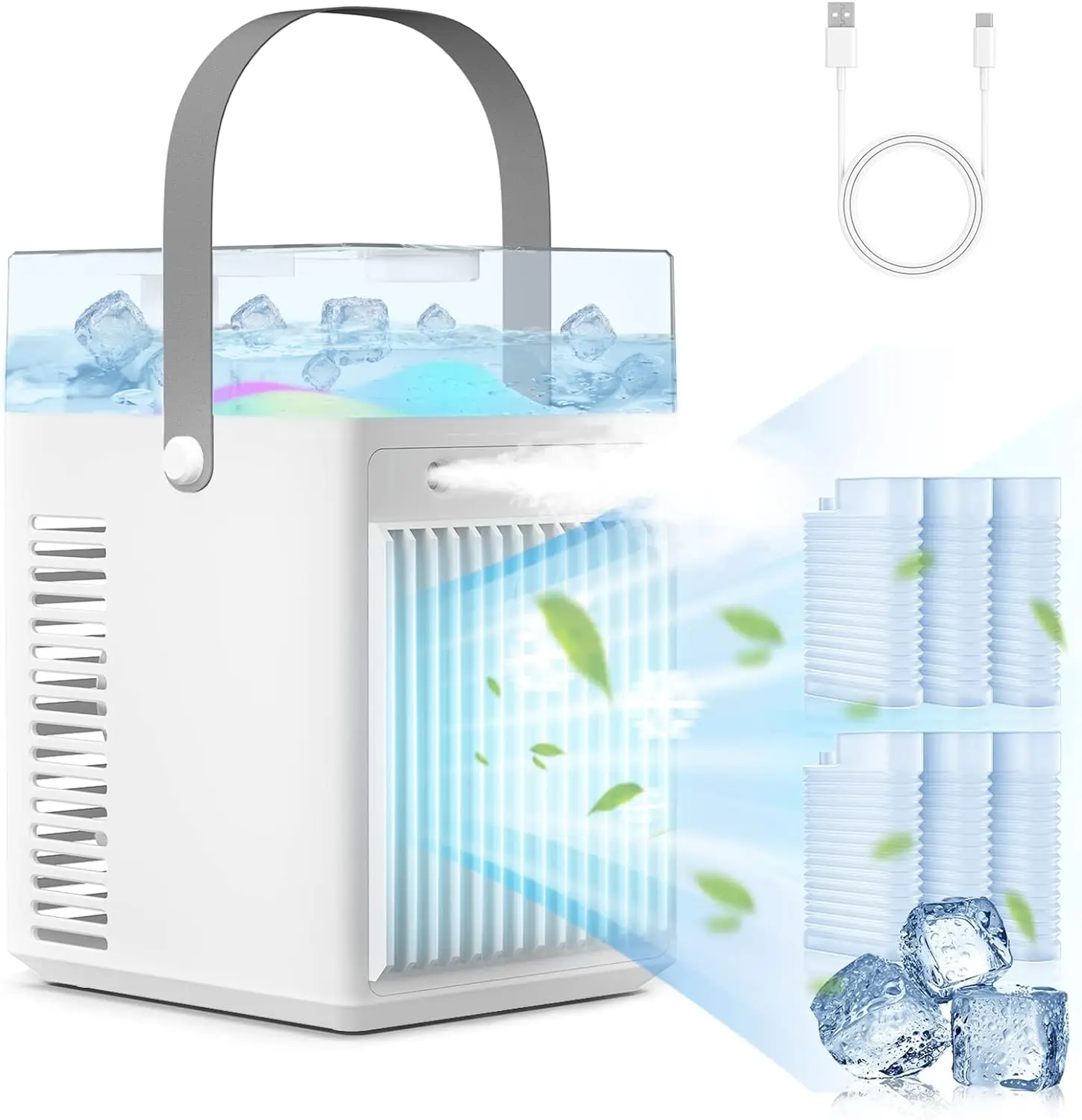 

Air Conditioner Fan, USB Rechargeable Portable AC, 3 Speeds Adjustable Personal Small Cooling Fan, 4IN1 Desk Mini Fan with Humid