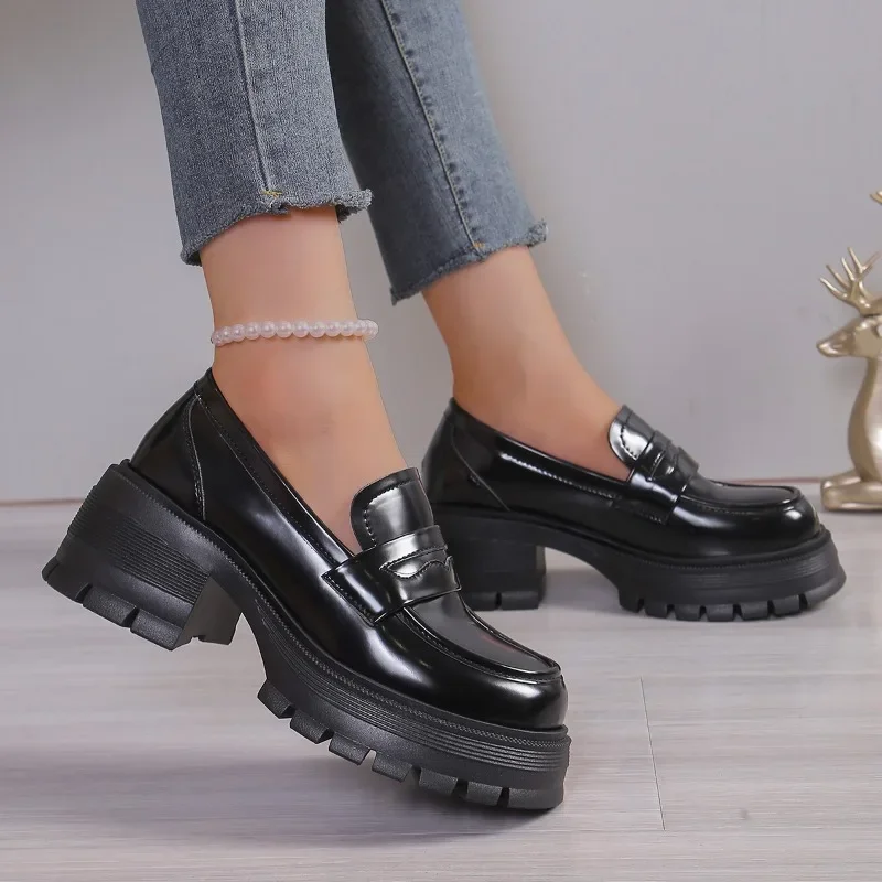 Shoes Female 2024 Fashion Slip-on Women's Loafers Sponge Bottom Autumn Mary Janes Round Toe Patent Leather Platform Shoes Ladies 5