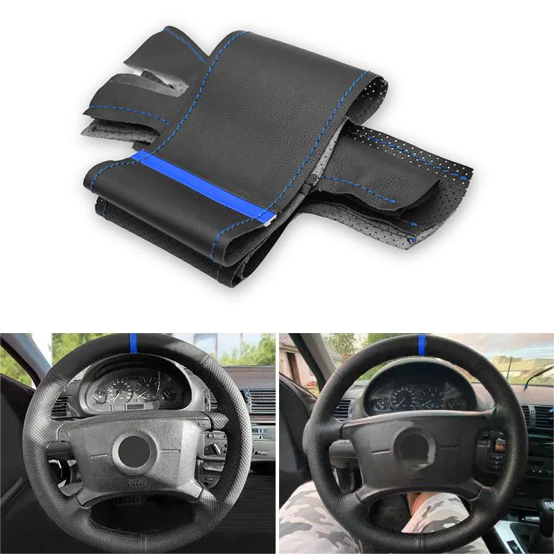 

Кожаная отделка для BMW 3 5 Series E36 E46 E39 1998 1999 для X3 E83 X5 E53 2000-2006, черная с синей полосой