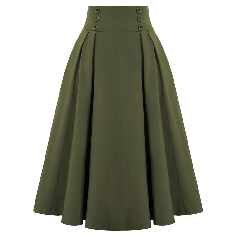 

Solid Color Black Red Yellow Green Summer Midi Skirt Buttons 2023 New Vintage Fashion High Waist Skirts for Women SS0037