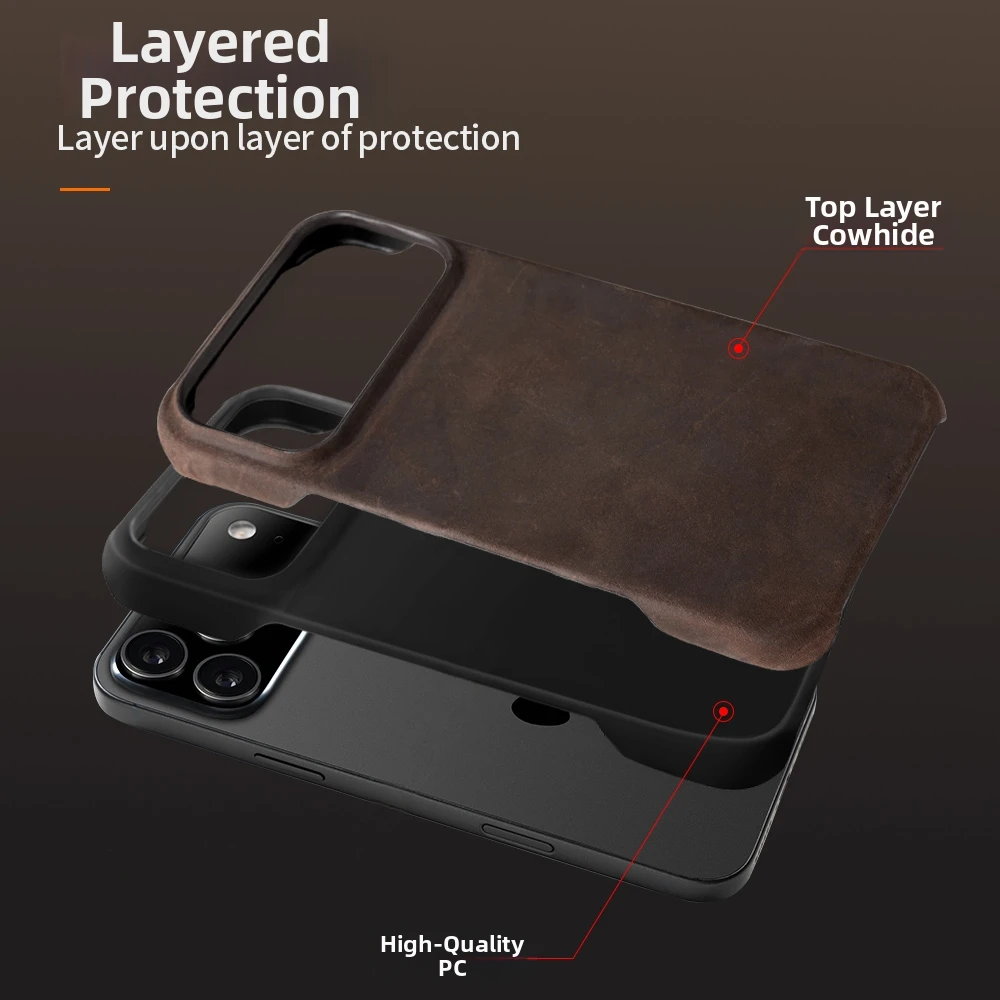 Luxury Crazy Horse Leather Phone Case with Raised Lens Protection and Anti-Fall Design