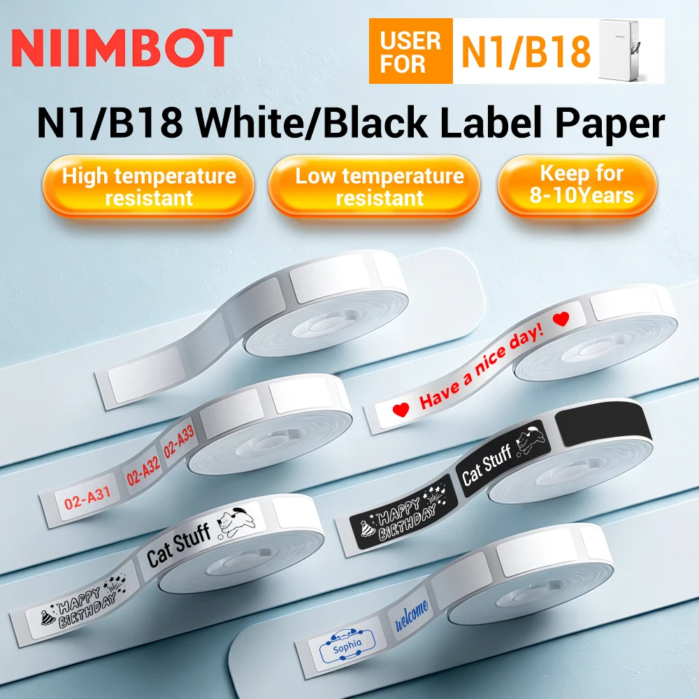Niimbot B18 N1 흰색 검정색 홀로그램 라벨 용지 자체 접착 용지 단색 라..