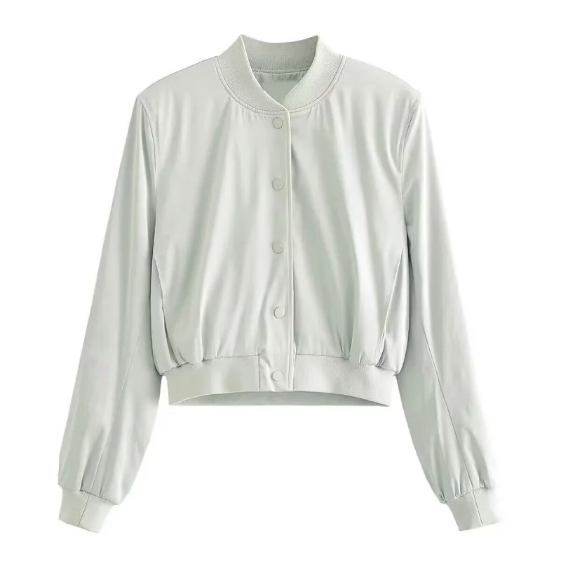 

Women Jacket Coat Fashion Pockets Satin Cropped Bomber Spring Women Jacket Coat Vintage Long Sleeve Casual Loose Office Lady