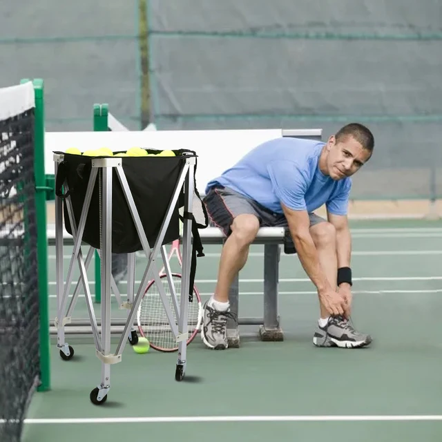 Foldable Tennis Ball Hopper Cart - Holds 160 Balls, Lightweight Aluminum With Bag & Wheels