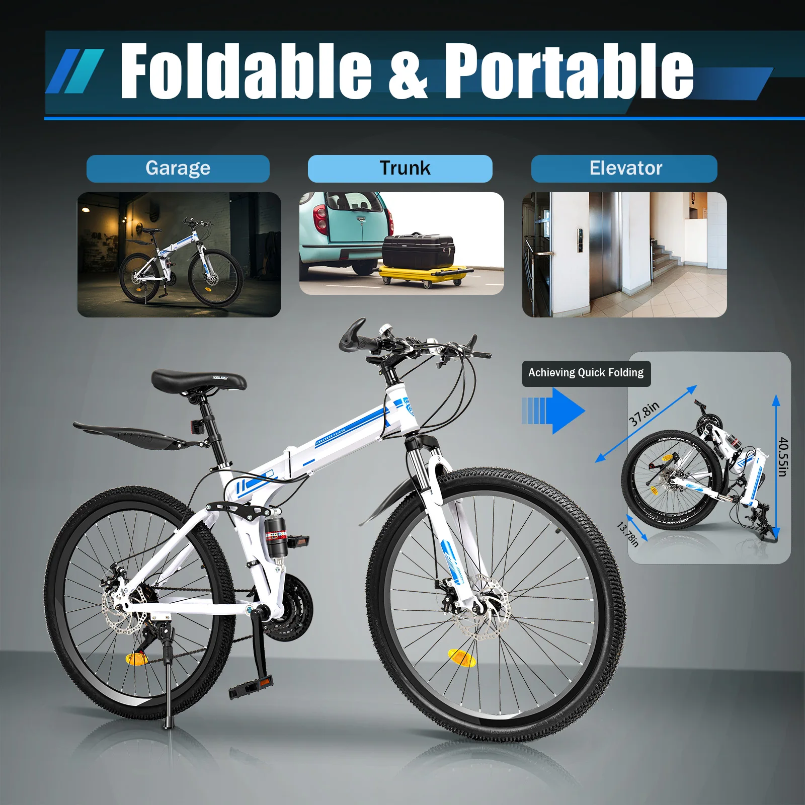 26 Inch Folding Mountain Bicycle 21 Speeds Portable Foldable Bike High Carbon Steel Body Dual Disc Brakes Bicycle