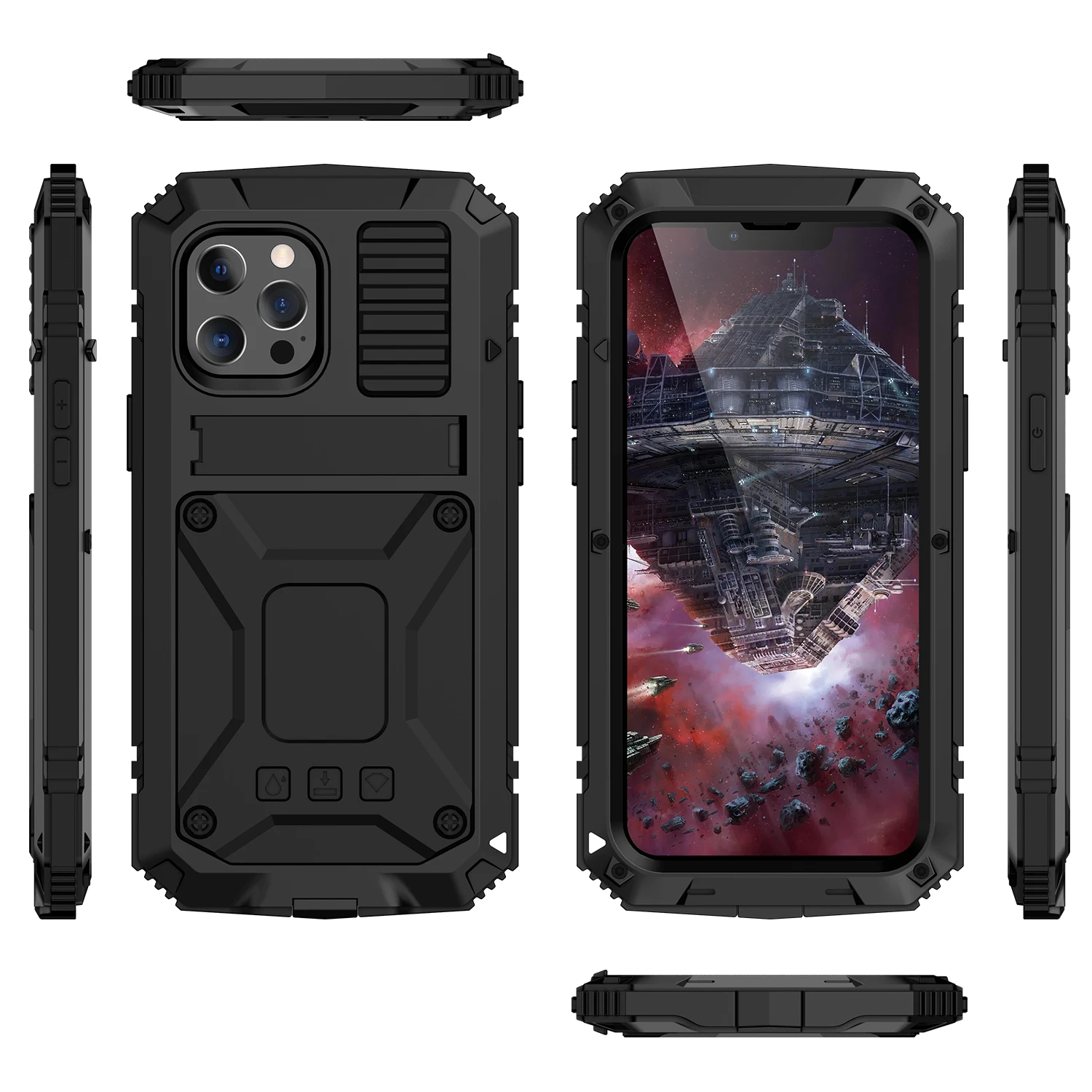 

R-just Shockproof Armor Cover For Iphone 14 13 12 11 Pro Xs Pro Max Mini Bracket Full Body Protect Silicone Liner Metal Bumper