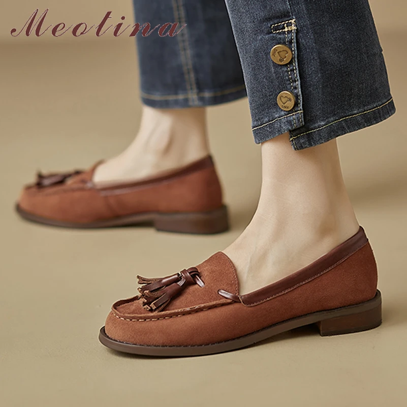 

Meotina Women Genuine Leather Loafers Round Toe Flat Fringe Ladies Fashion Shoes Kid Suede Casual Autumn Spring Brown Black