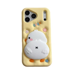 Adorable 3D Duck Phone Case with Stand Holder - Shockproof Soft Silicone Cover - iPhone 12 Pro Max (Yellow)