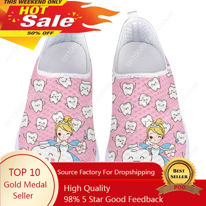 Women Mesh Slip on Shoes Breathable Sport Sneaker for Ladies Dental Tooth Print Cute Girl Walking Shoes