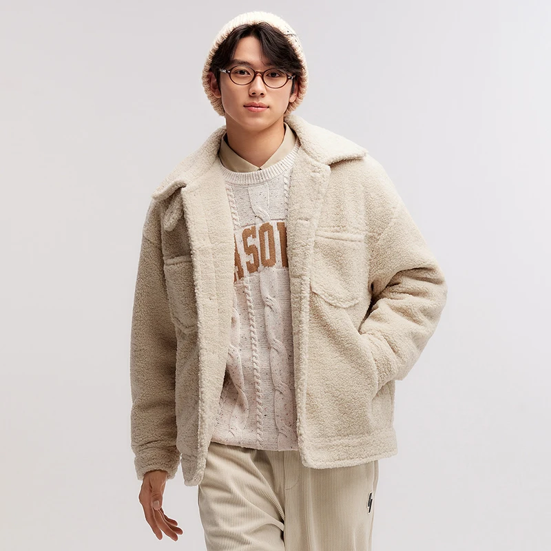 Semir Jacket Men Plush Outerwear 2024 New Couple Solid Color Versatile Loose Imitation Lamb Wool Winter Outfit Neutral Style 4