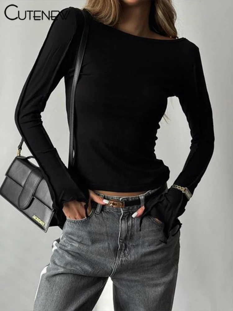 Camisetas clásicas salvajes para mujer, tendencia de otoño, nuevas camisetas ajustadas con cuello redondo y manga larga lisas, camisetas básicas de calle para mujer, nuevas camisetas diarias