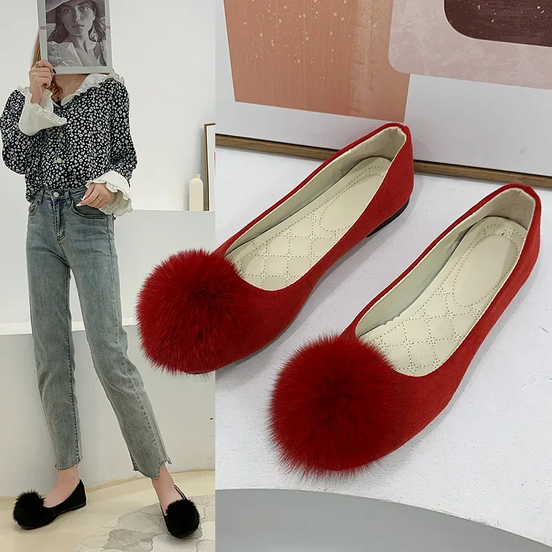 Furball single shoe woman Spring and Autumn Korean version square head suede women's flats big size casual shoes for women