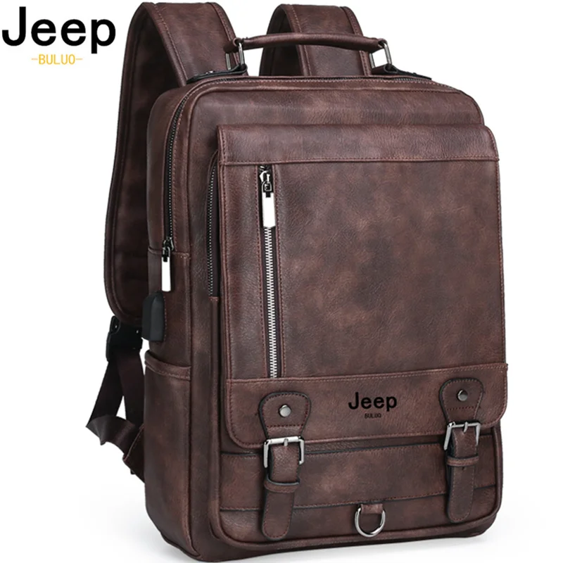 JEEP BULUO-mochila moderna de cuero para hombre, bolsa para ordenador portátil de 15,6 pulgadas, mochila de viaje de gran capacidad para escuela universitaria