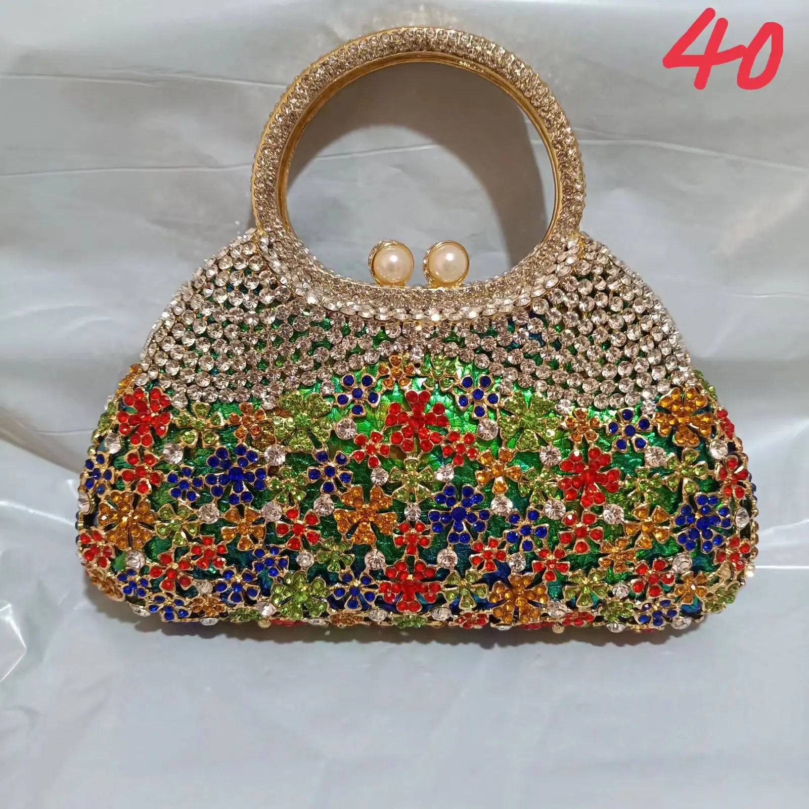 Gold Metal Pearl Top-Handle White Crystal Clutch Bag High Quality Women's Flower Diamond Wedding Bridal Handbags Fashion Bags