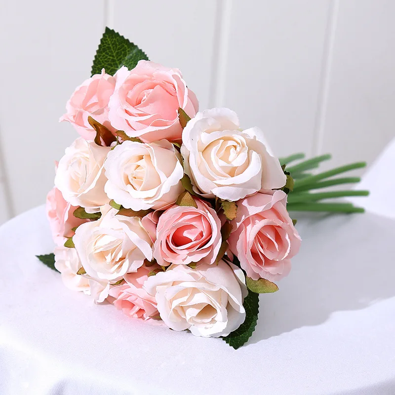 

12 Heads Pink Artifical Silk Flowers Wedding Bouquets Bride Holding Bridesmaid Accessories for Party