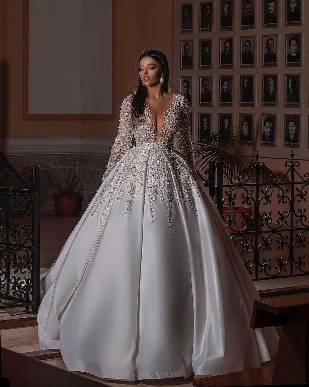 Pearls Elegant A Line Wedding Dress Long Sleeves Sheer Neck Bridal