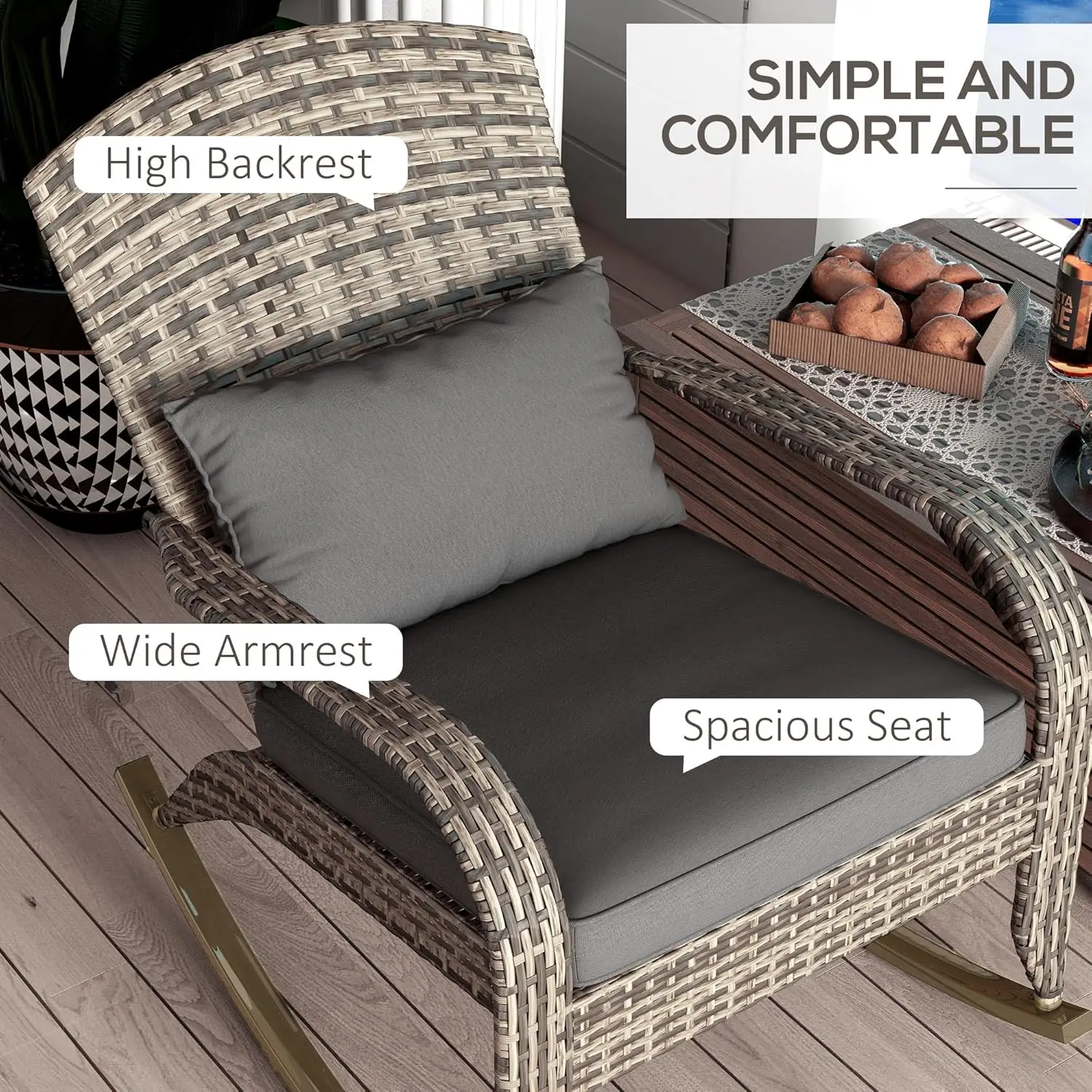Outdoor Wicker Adirondack Rocking Chair, Patio Rattan Rocker Chair with High Back, Seat Cushion, and Pillow