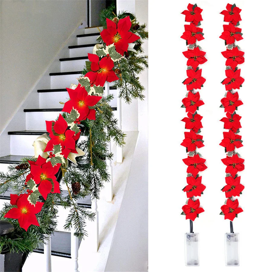 

PAMNNY Christmas Decoration Poinsettia Flowers Garland String Lights Outdoor 2m 10LED Xmas Tree Ornament Home Party Fairy Lights