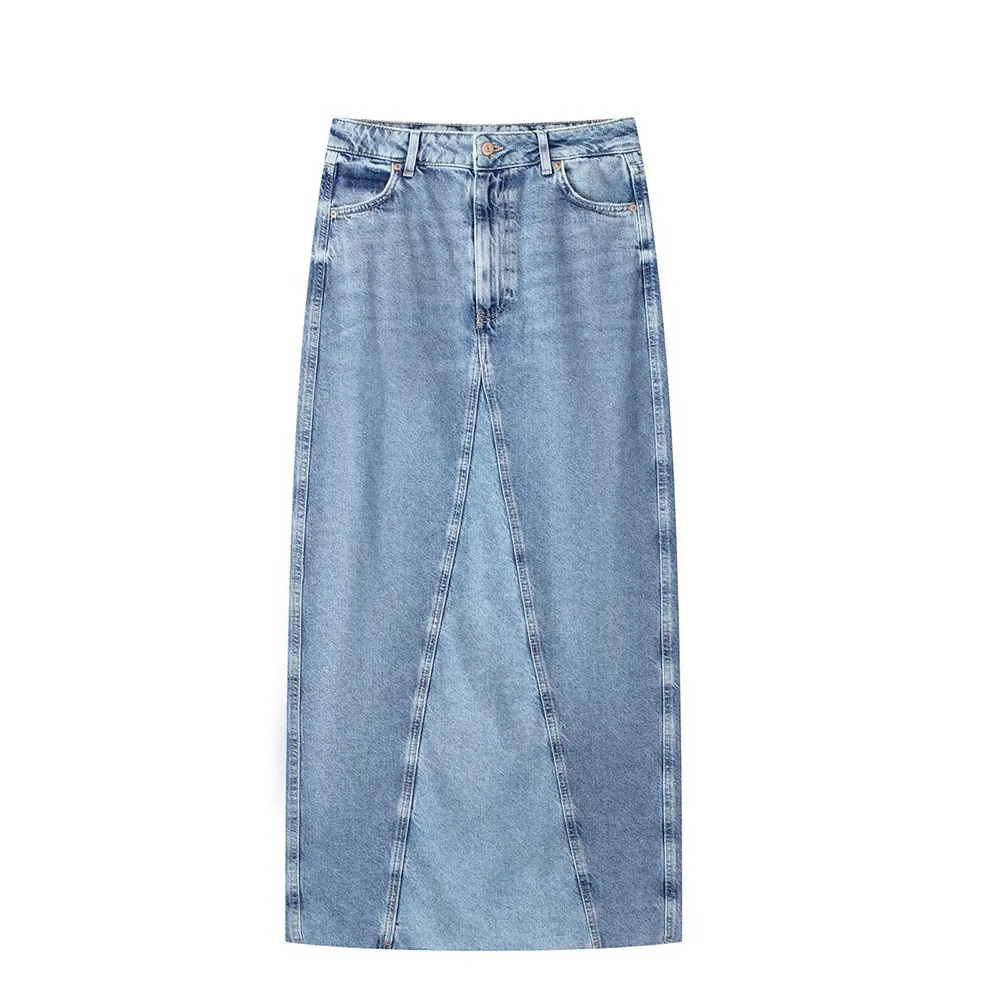 

Early autumn new fashion women's retro casual high waist splicing denim back hem slit long loose skirt