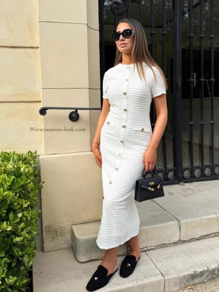 Wmstar 2025 New Women Fashionable Elegant Dress Slim Tight Knitted Short Sleeve Dress Solid Color Wrinkle O Neck One Size