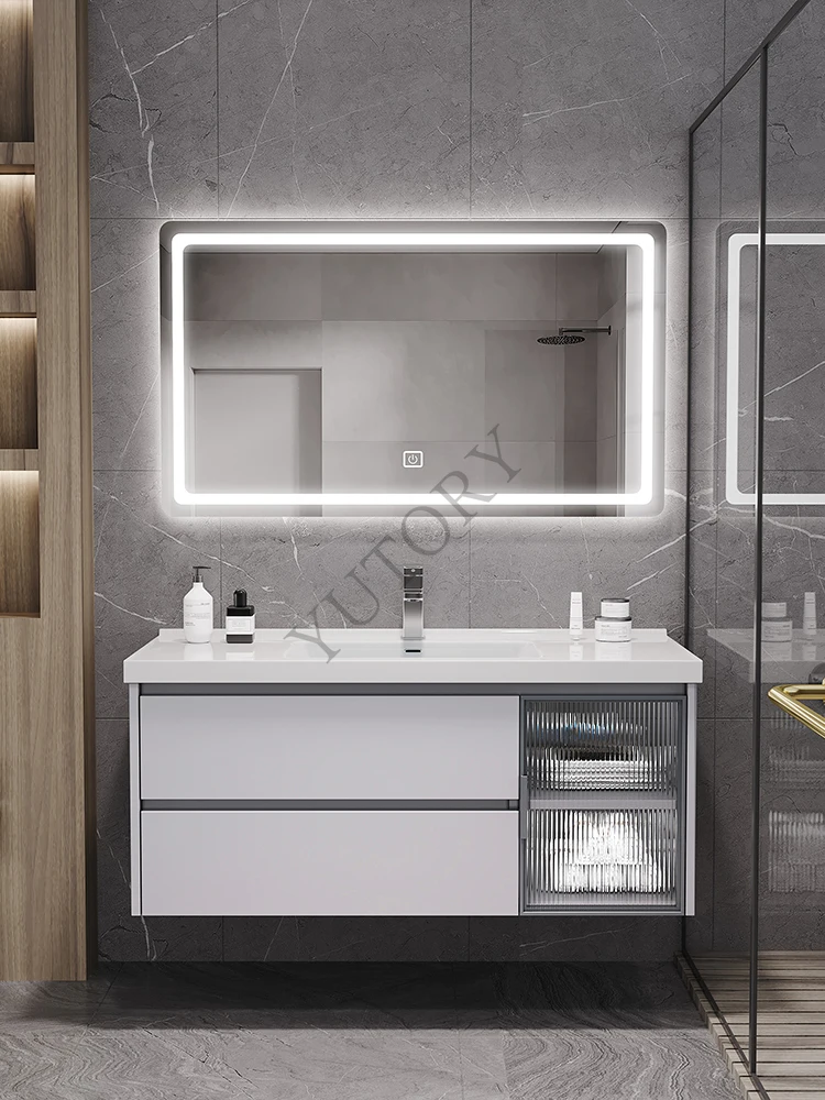 Light luxury solid wood smart bathroom cabinet combination bathroom washbasin ceramic integrated basin