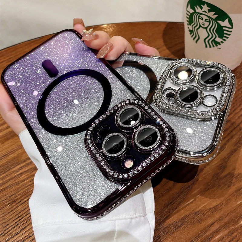 Magsafe Magnetic Phone Case Luxury Plating Shiny Rhinestone Bumper Protector For iPhone 11 12 13 14 16 Pro Max 15 Plus Cover