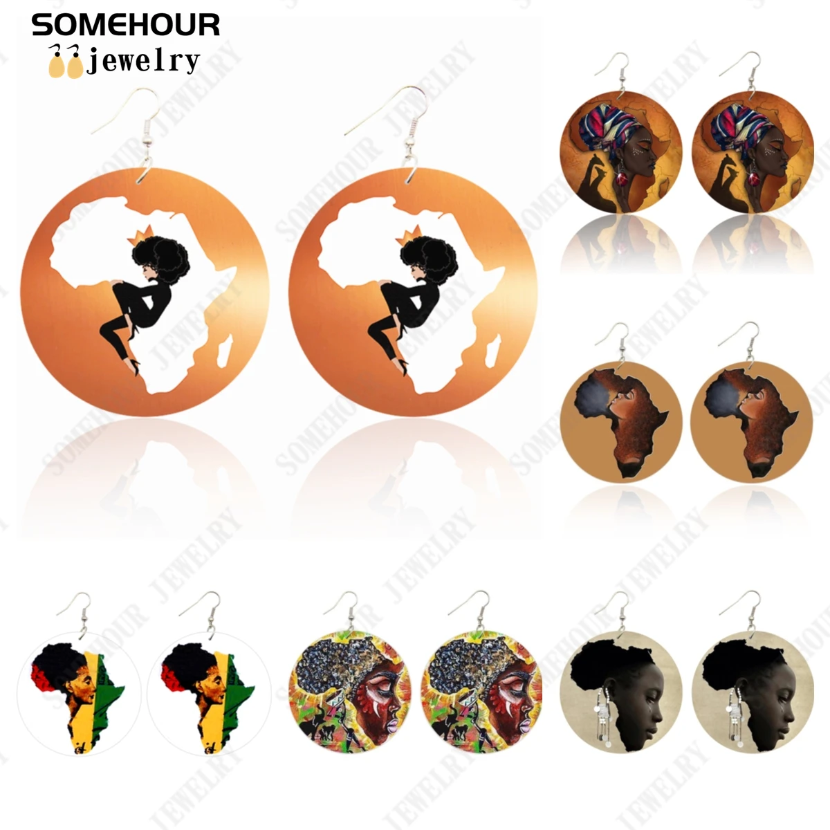 Somehour African Motherland Design Round Wooden Drop Earrings Black Girl Angel Afro Tribal Ethinc Dangle Pendant For Women Gifts