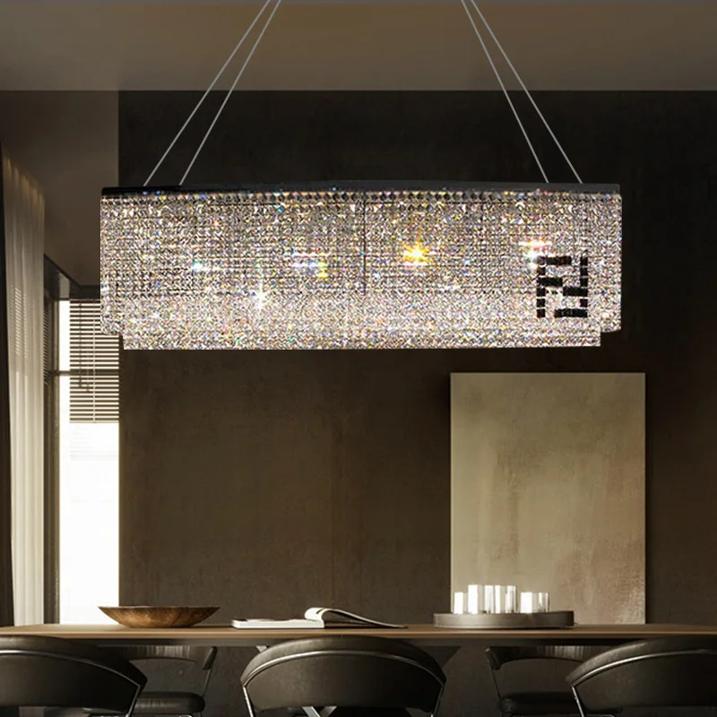 

NEW Modern Crystal LED Chandeliers Lighting Luxury Rectangular K9 Hanging F Pendant Lamp Personality Dining Designer Suspension