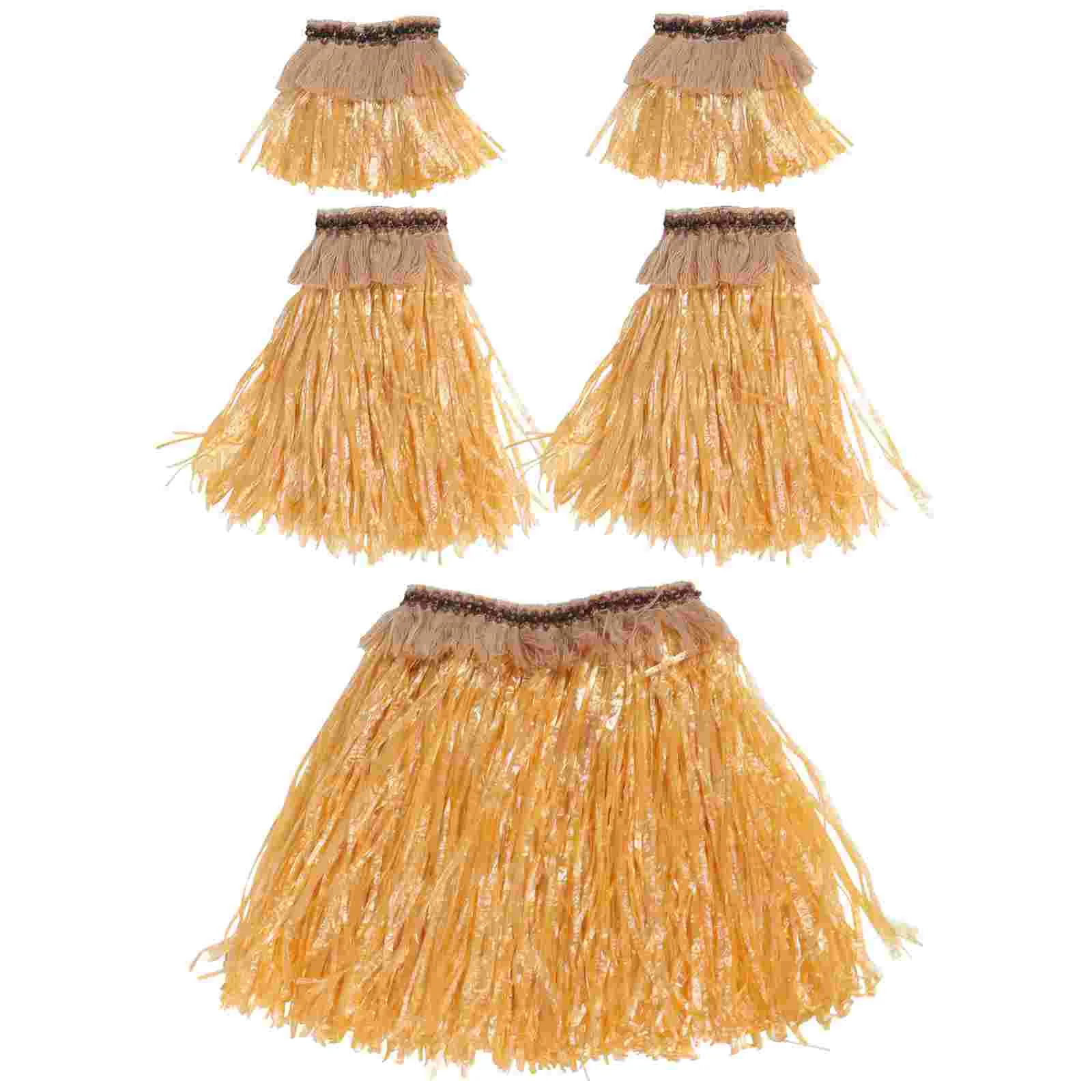 5 Pcs Grass Skirt Set With Arm Leg Bands Women Adult Costume Tribal Fringe Plastic Elastic Waistband Hawaiian Straw Color Dancer