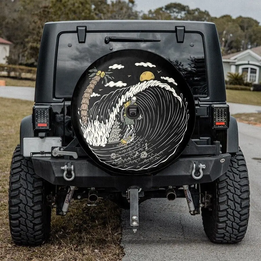 

Funny Skeleton surfer RV spare tire protective case hole Halloween gift camping Made With Your Size Soft Spare Wheel Tire Cover