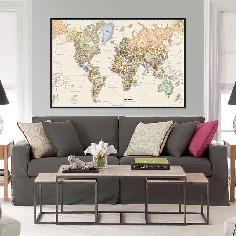 150x90cm The World Map In English Non-woven Painting Vintage Wall Art Poster for Living Room Home Decoration School Supplies