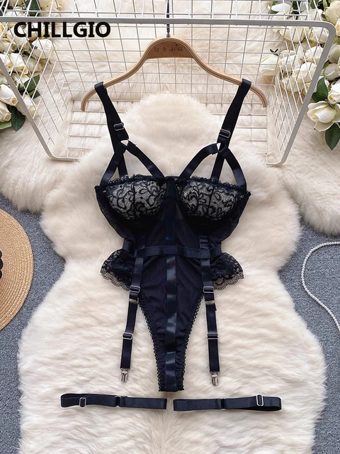 CHILLGIO Women Sexy Lace Strappy Bodysuits Lingerie Bodycon One Piece Combination Erotic Onesie Fashion Vintage Push Up Rompers